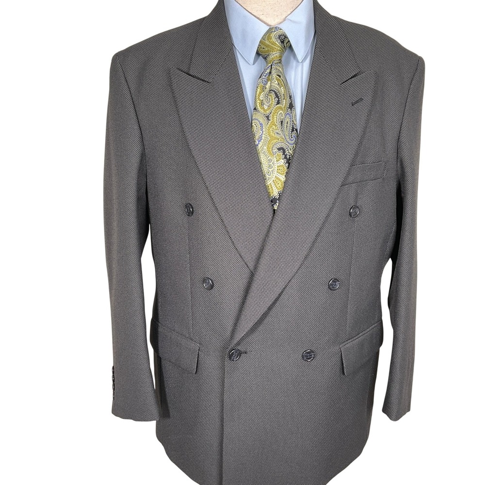 International Club Blazer Men 42R Gray Birdseye Double Breasted Suit Jacket